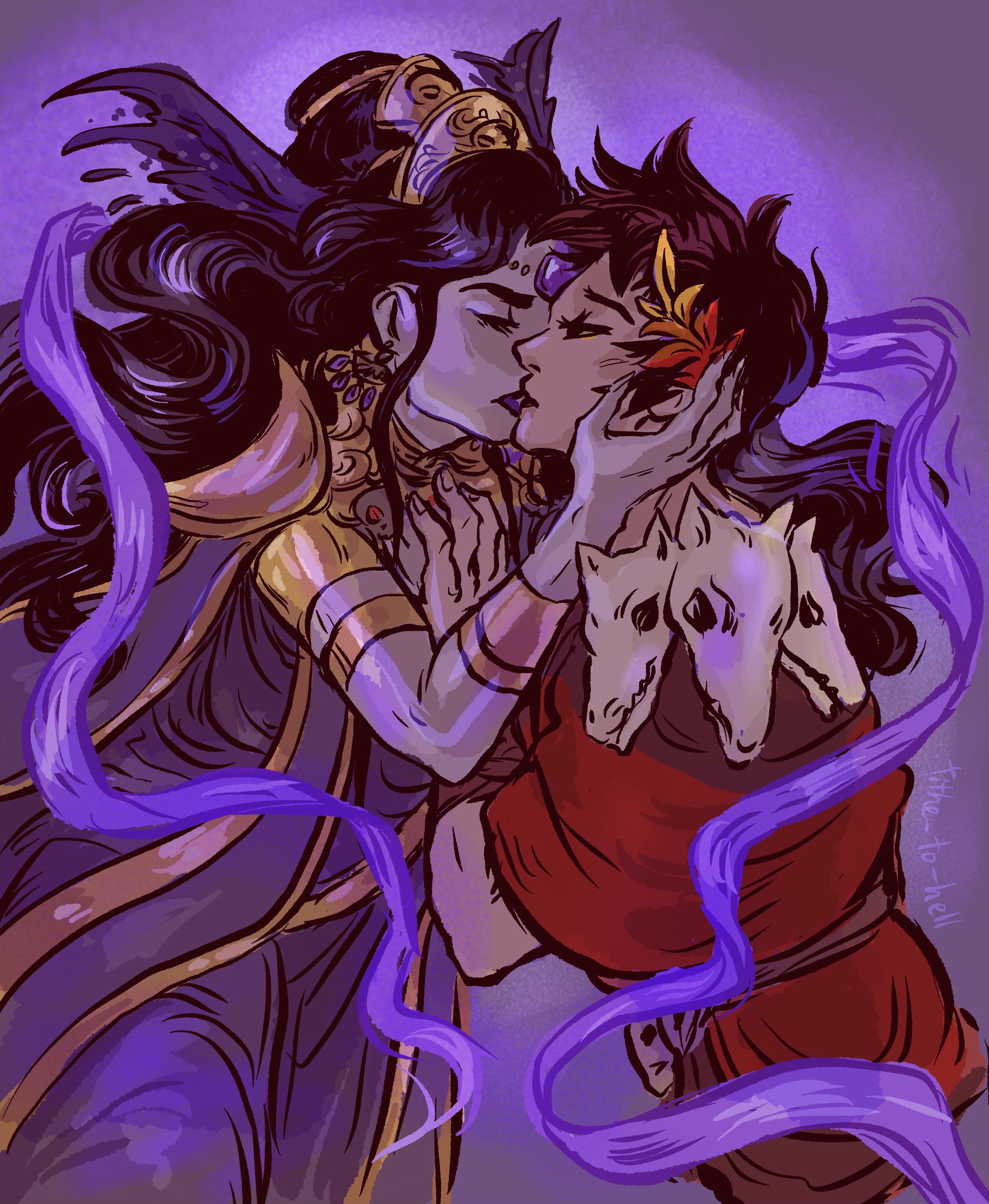 Nyx and zagreus kissing surrounded by violet ribbons