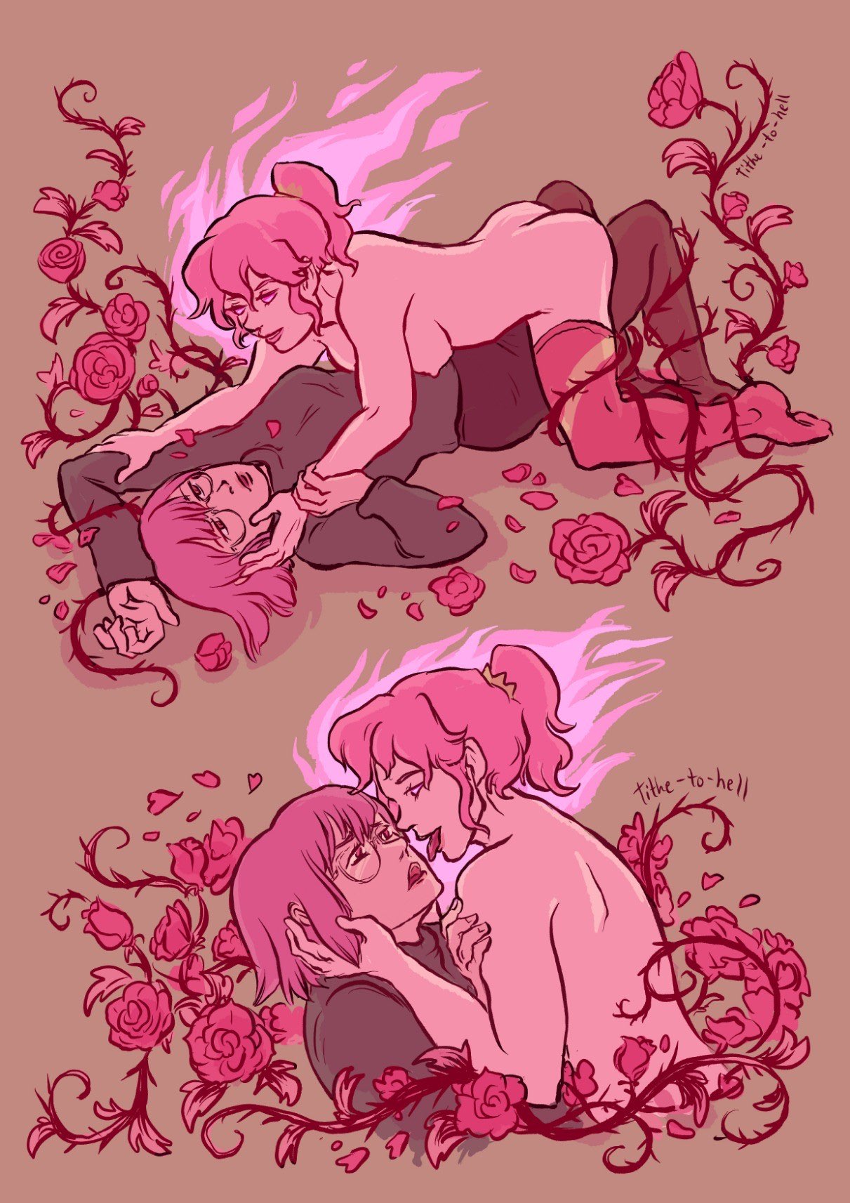 nude Aina straddling clothed Heris surrounded by roses and thorns