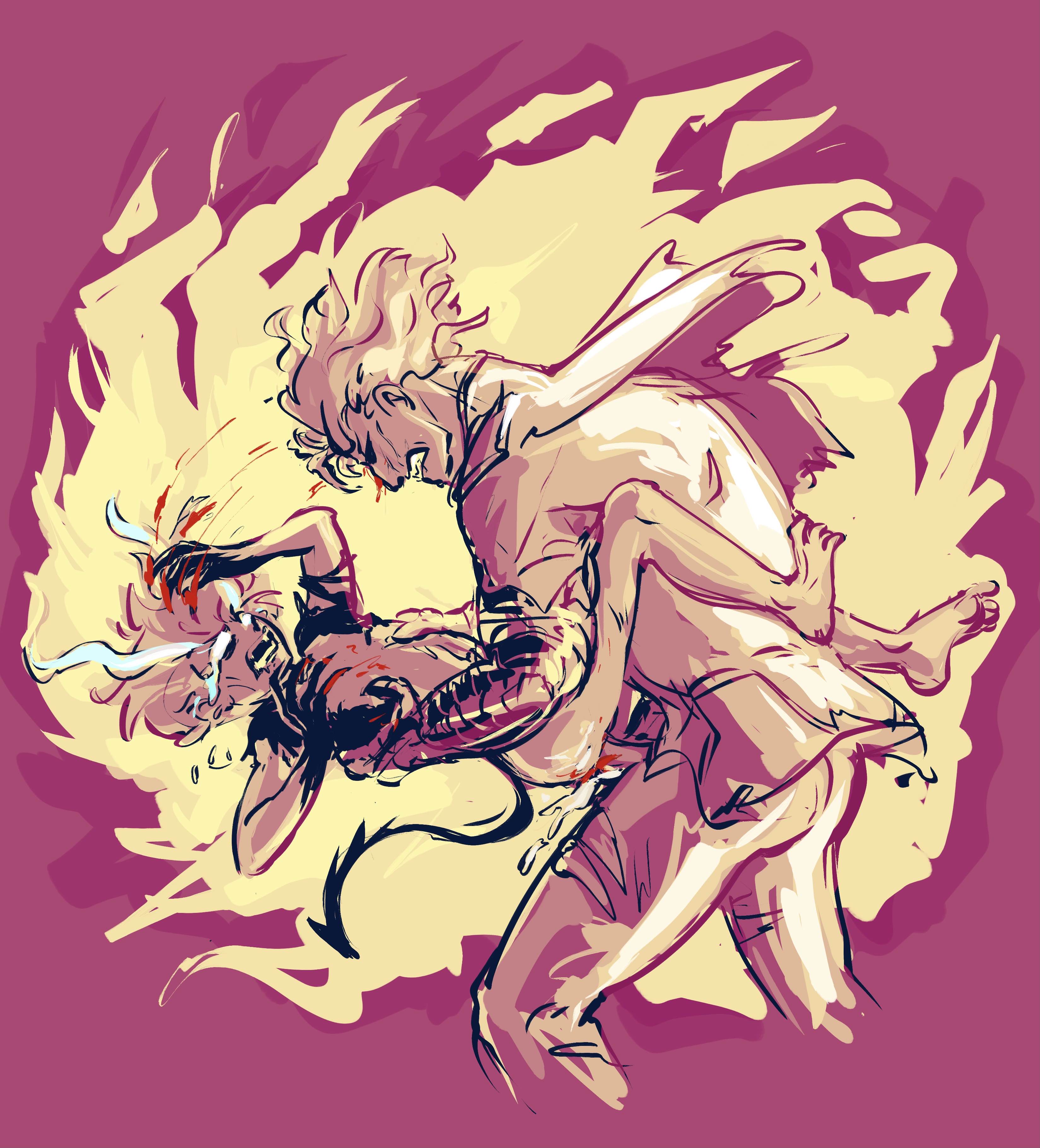 kray holding lio suspended in the air and fucking him as lio claws at him, surrounded by flames