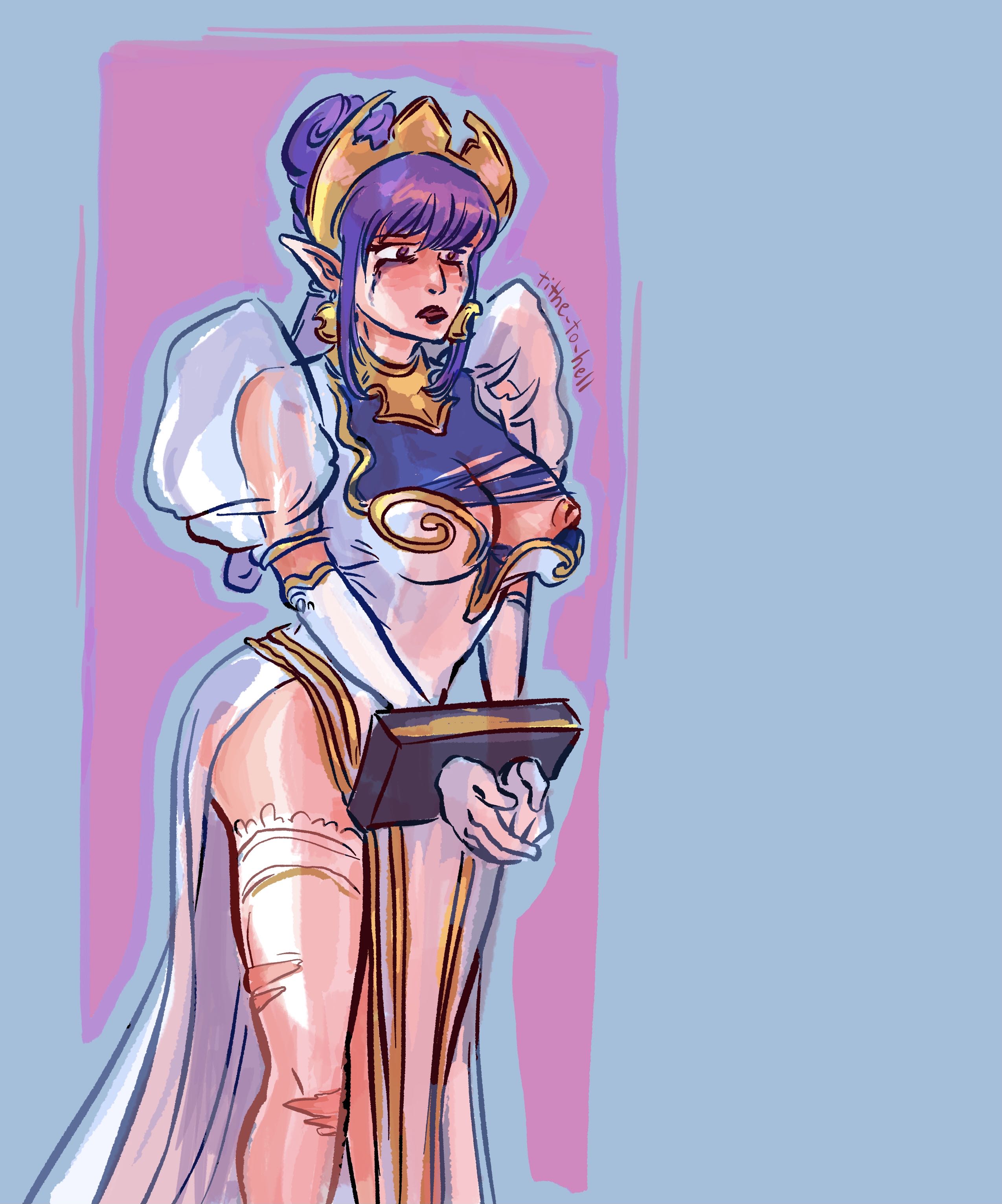 purple haired elf queen with tear streaked eye makeup standing with her hands bound in a block in front of her. She has an elaborate outfit but torn slightly in the front, exposing her left breast slightly
