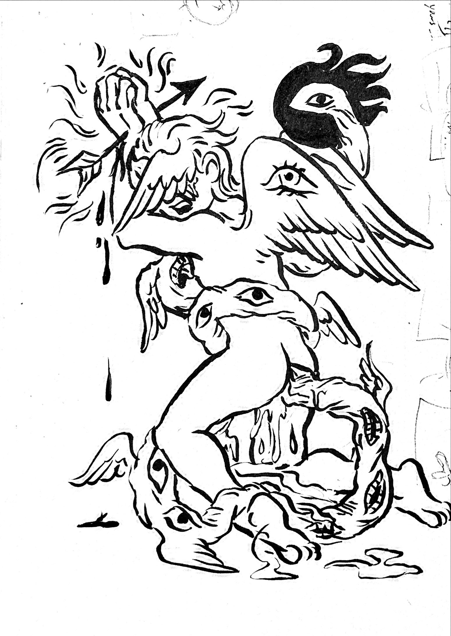 Angel with hands both pierced by arrow, bound by a many eyed tentacle serpent fucked in the ass.