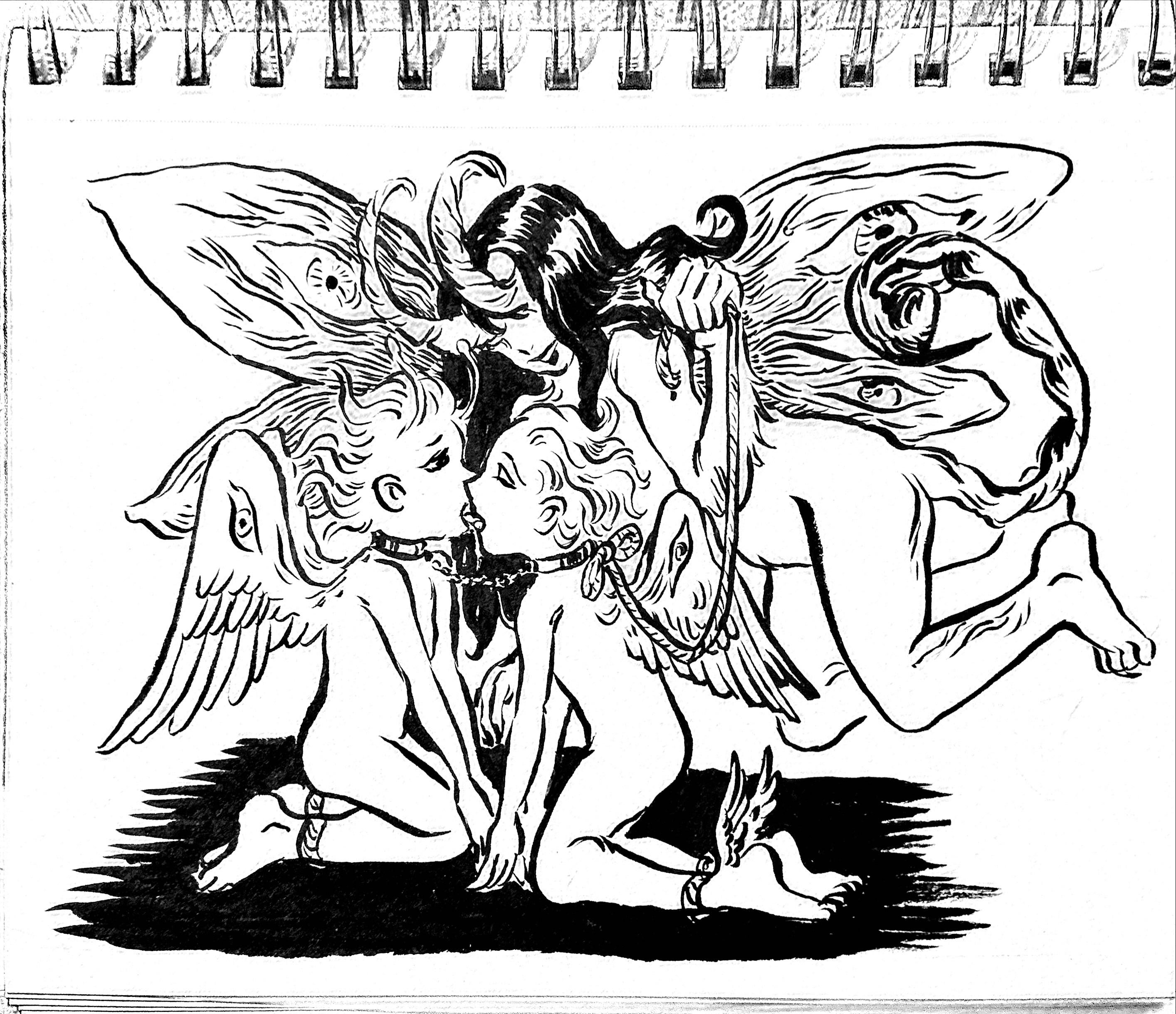 smiling fairy devil holds two angel boy creatures with chained collars and bound legs kissing and drooling on each other.