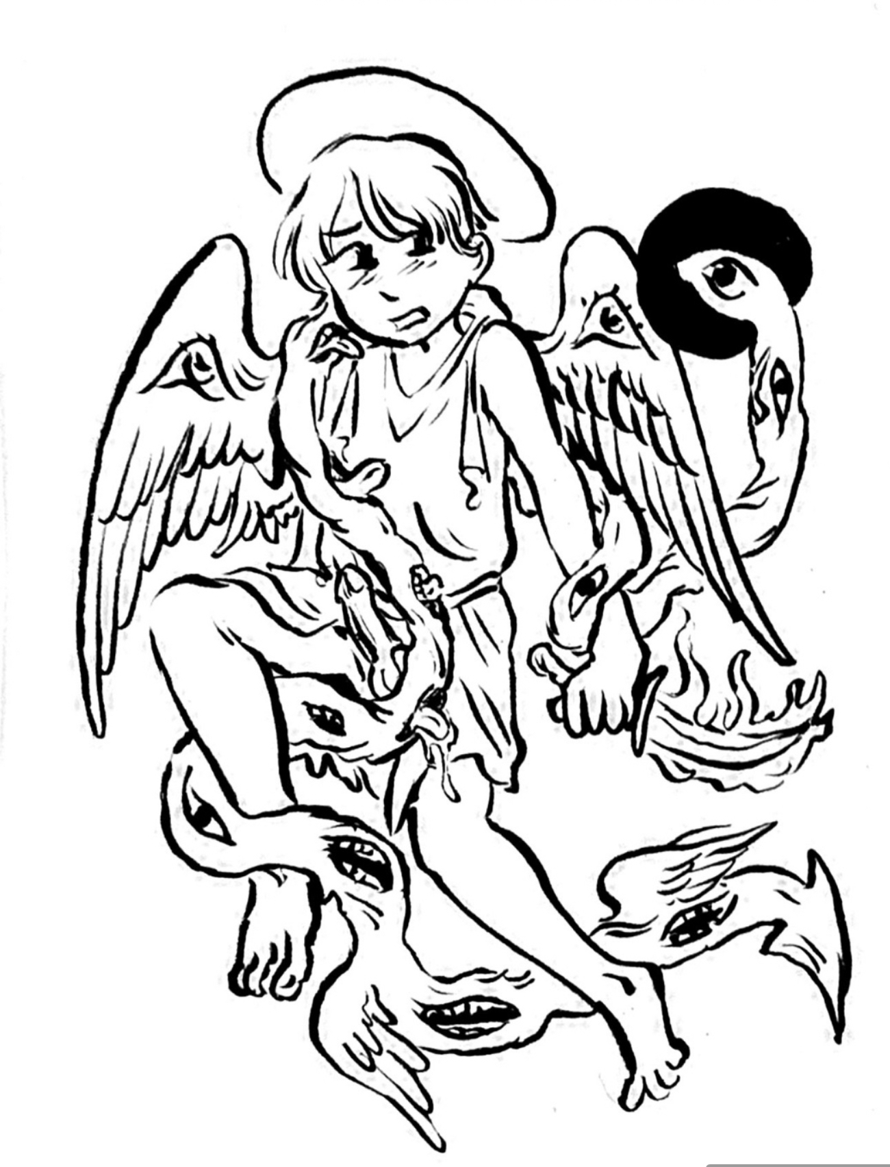 Apprehensive angel in tunic and holding curved knife, entwined by serpent creature with many eyes and mouths open with teeth winding around his limbs and cock.